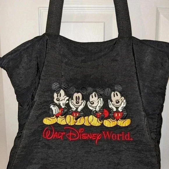 DISNEY '90s Vintage Embroidered Black Bag Mickey Mouse Nylon Bag - Picture 1 of 4